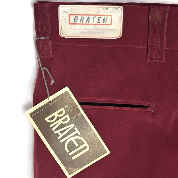Vintage 70s Braten Velvet Pants 36x32 Burgundy Red NOS Wide Leg Party Retro Glam - Picture 7 of 10
